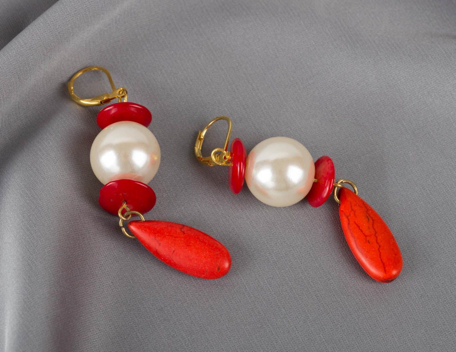 Handmade female earrings beaded red and white accessories earrings with charms photo 1