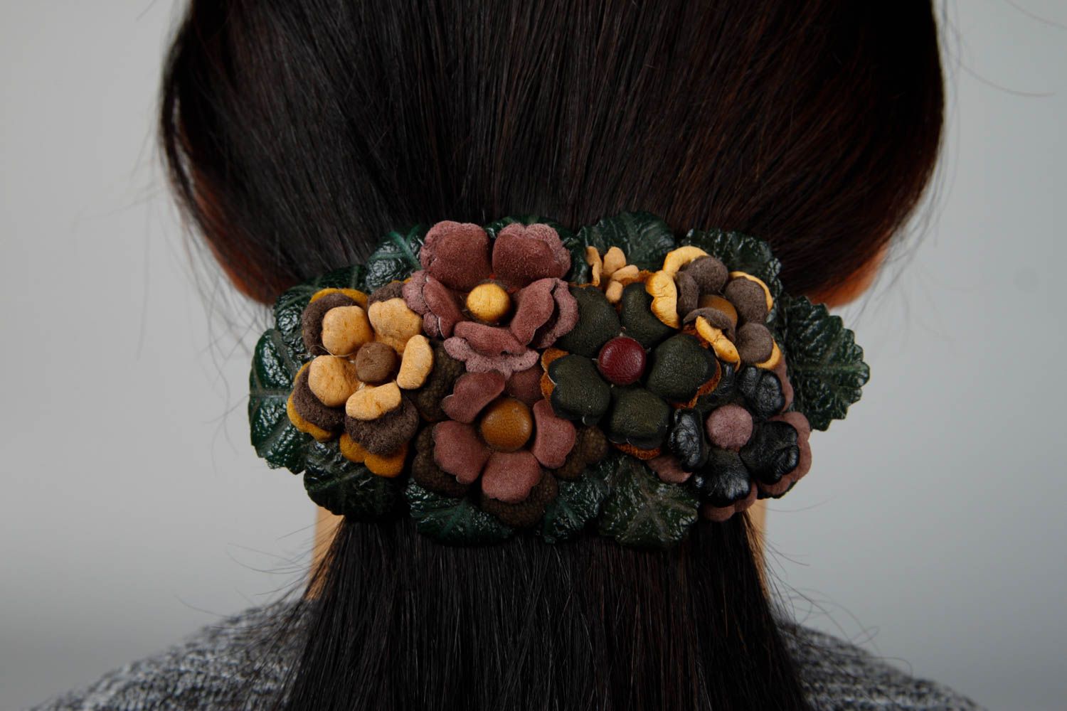 Handmade große Haarspange Leder Schmuck Haarschmuck Blüten Damen Modeschmuck  foto 2