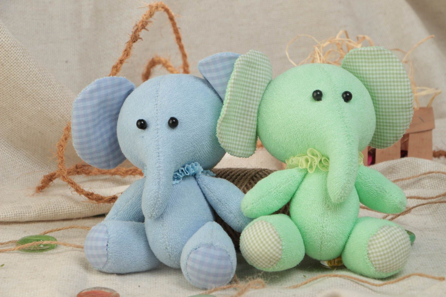 Set of 2 handmade small designer fabric soft toys elephants green and blue  photo 1