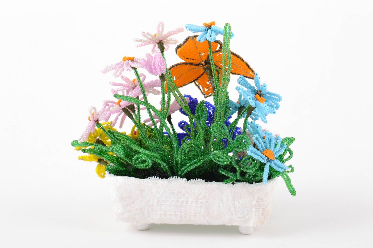 Handmade decorative volume bouquet of colorful bright beaded flowers with stand photo 3