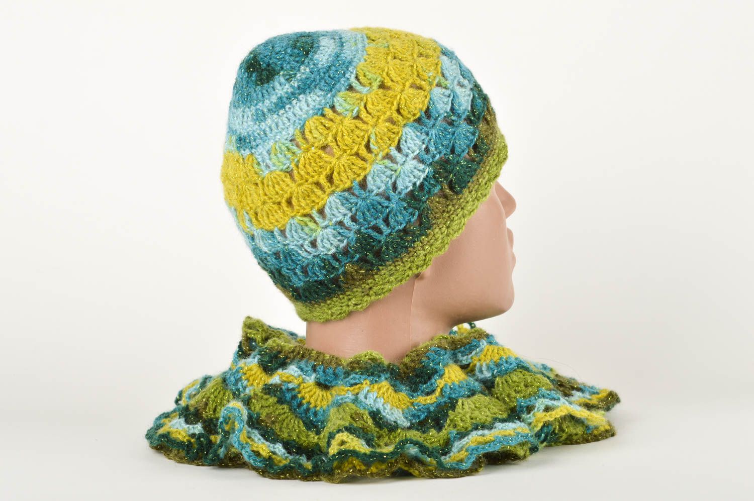 Moderne Mützen Damen Schal Winter Mütze Schal aus Wolle Handarbeit gelb und blau foto 5