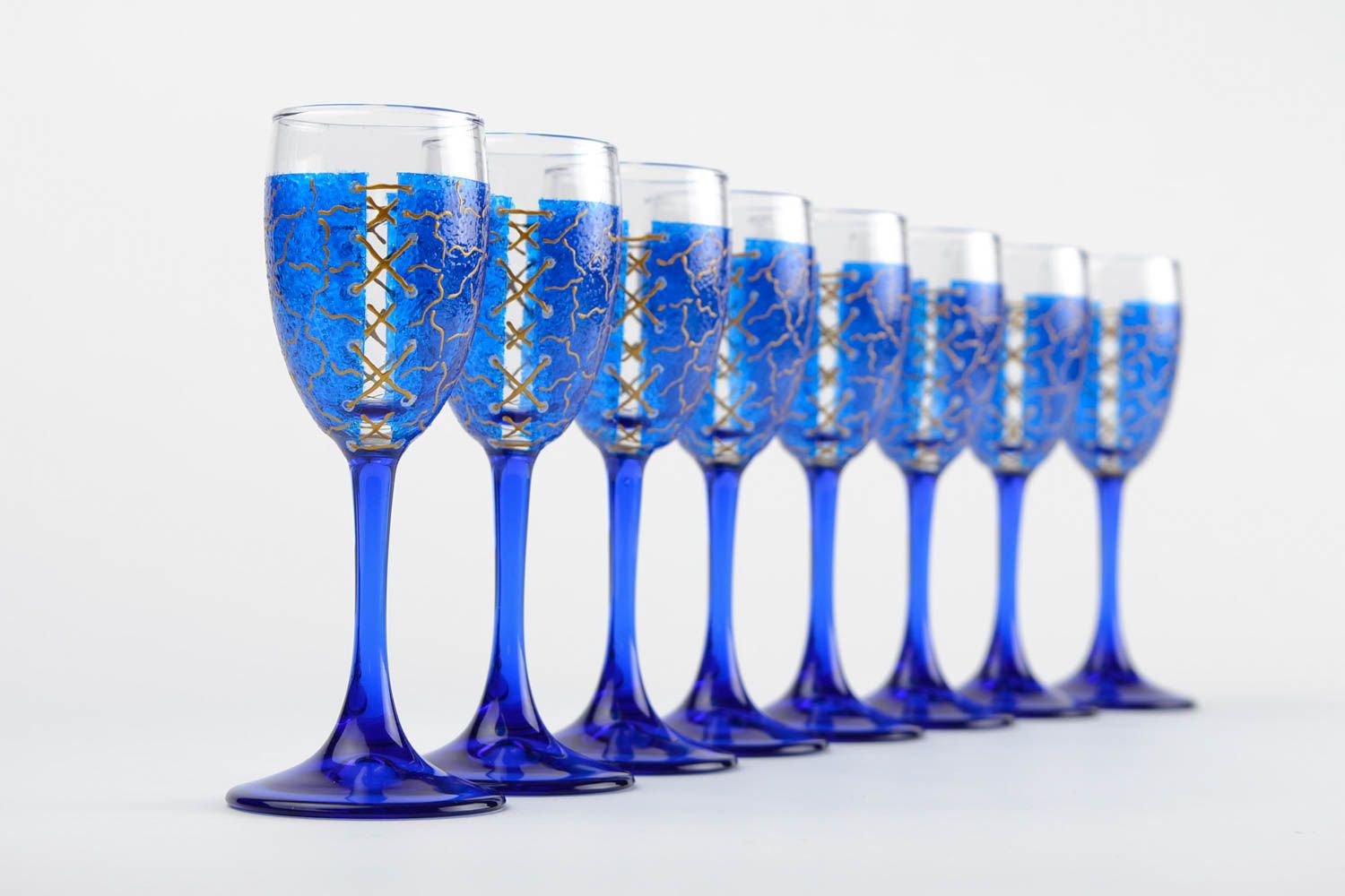 8 Verres shooter fait main Vaisselle en verre sur pieds bleus Art de la table photo 1
