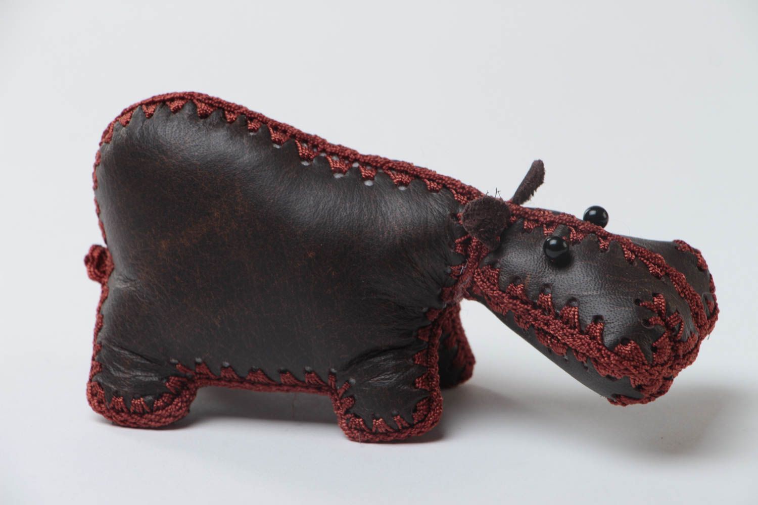 Handmade designer soft toy hippo sewn of genuine dark brown leather for interior photo 2
