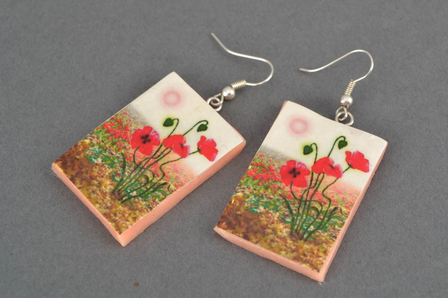Rectangular polymer clay earrings Poppies photo 3