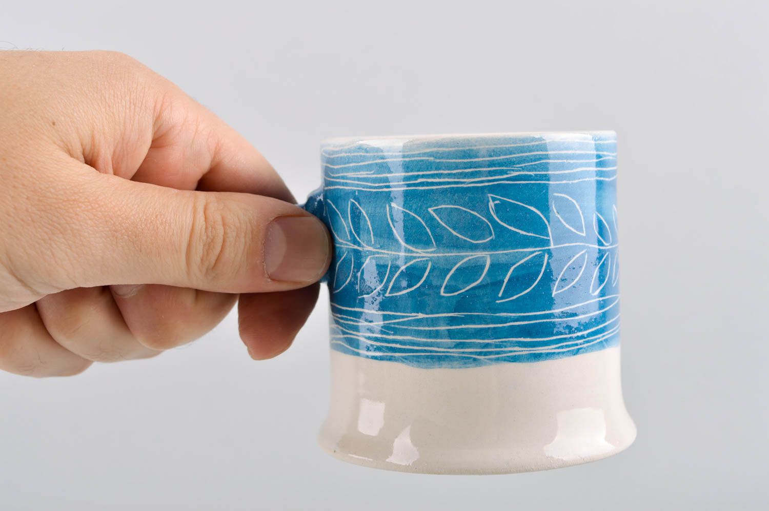 Art ceramic glazed white and blue coffee mug with stick shape handle photo 5