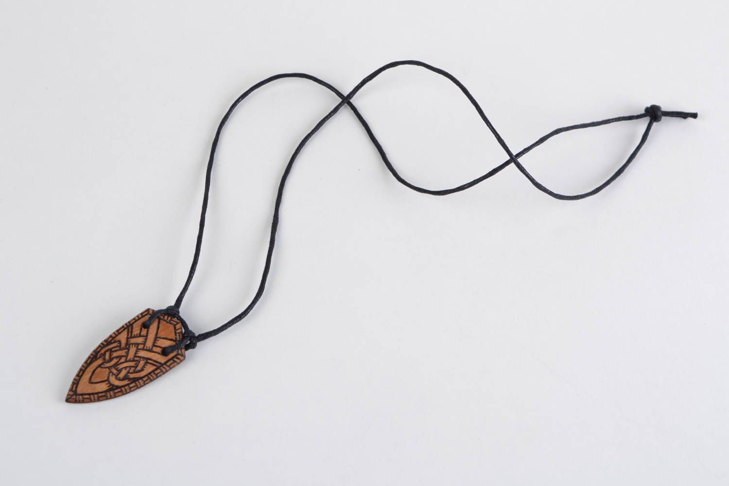 Handmade designer wooden pendant necklace with ornament in ethnic style on cord photo 3