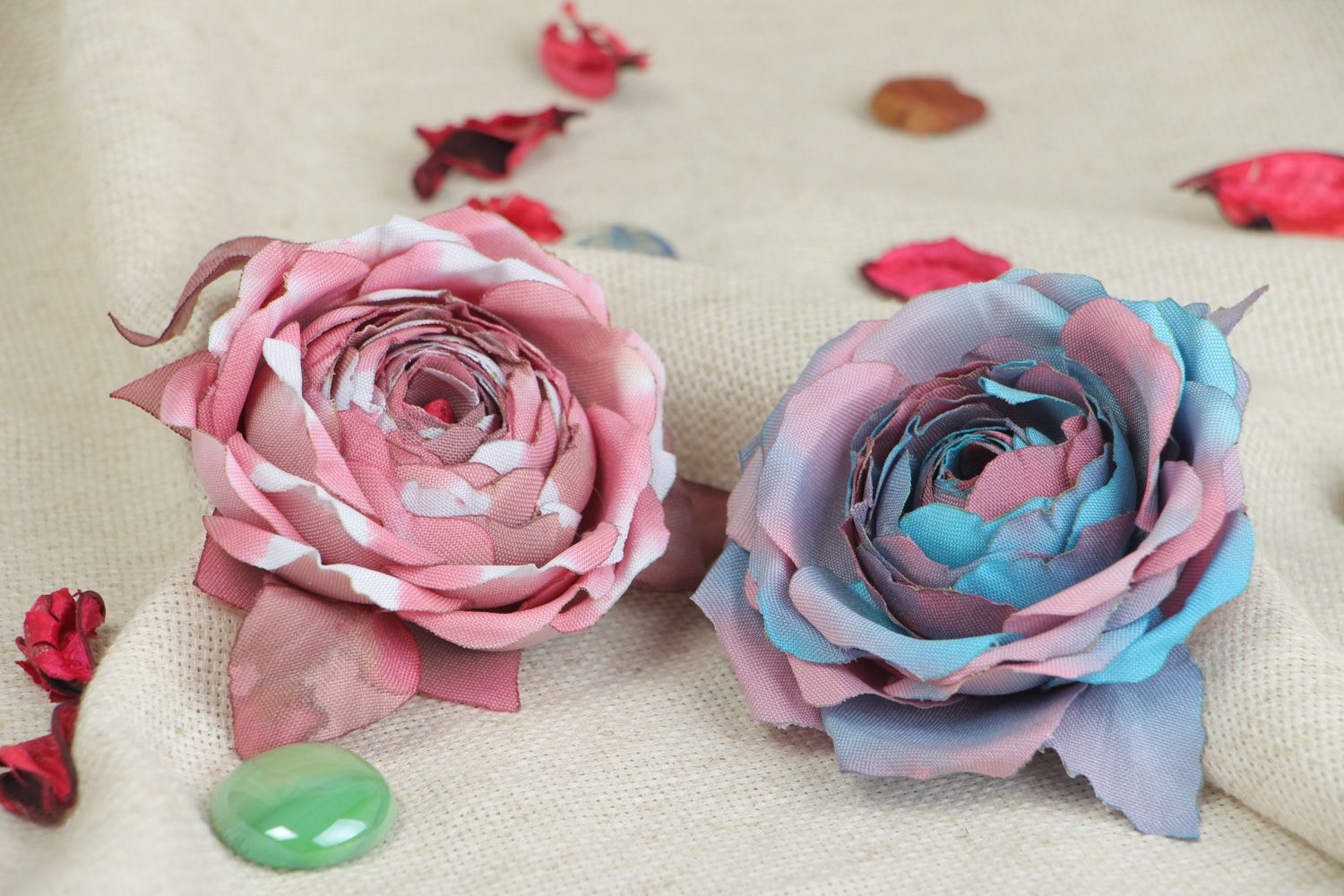 Set of handmade gabardine textile flower brooches of pink and blue colors Roses photo 5