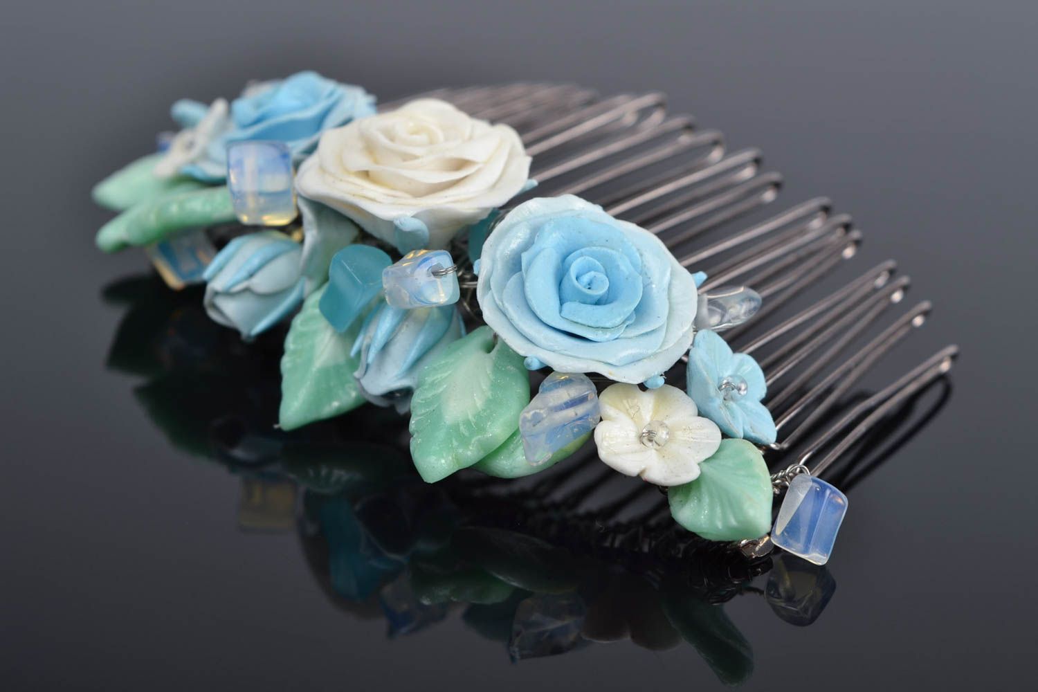 Handmade decorative hair comb with polymer clay blue flowers and moon stone photo 1