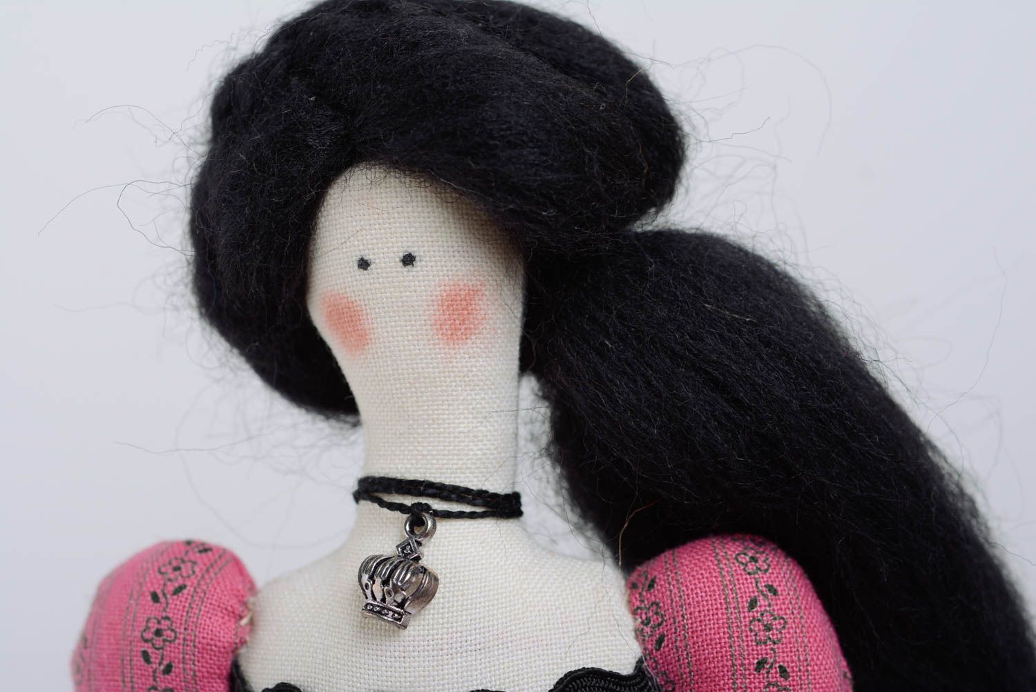 Designer doll made of cloth with black hair in pink dress handmade interior toy photo 2