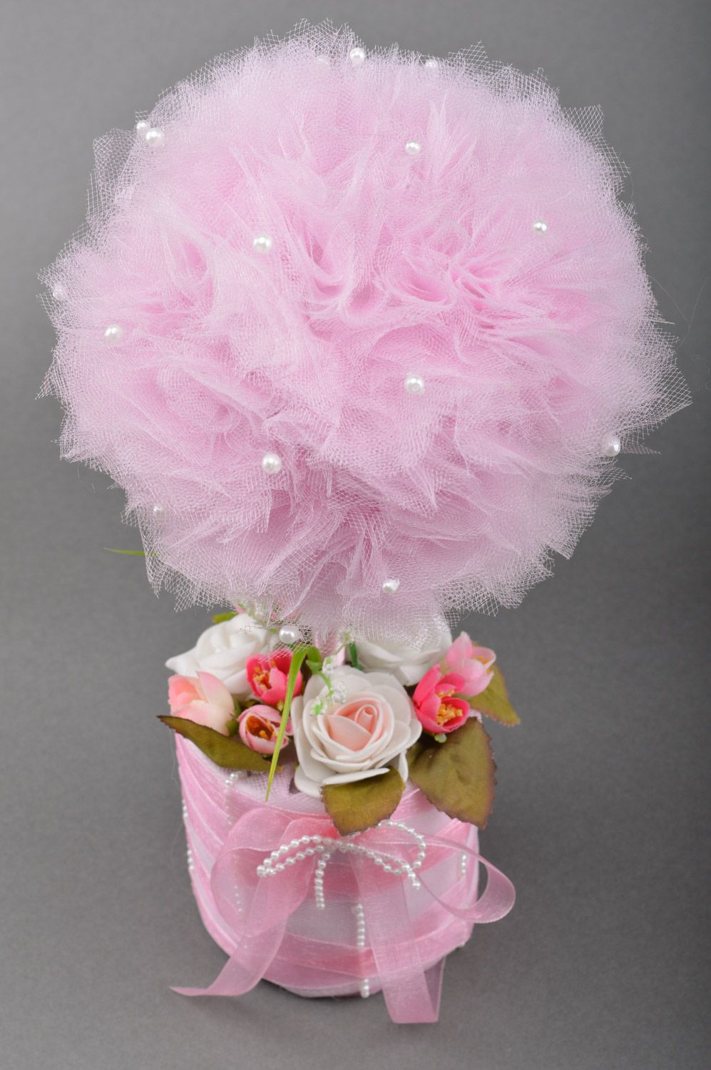 Handmade tender volume topiary tree with pink tulle and paper roses and lace photo 3
