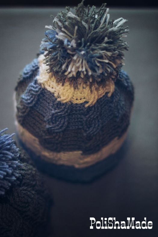 Bonnet à pompon amovible tricoté en laine bleu rayé chaud fait main unisexe photo 3