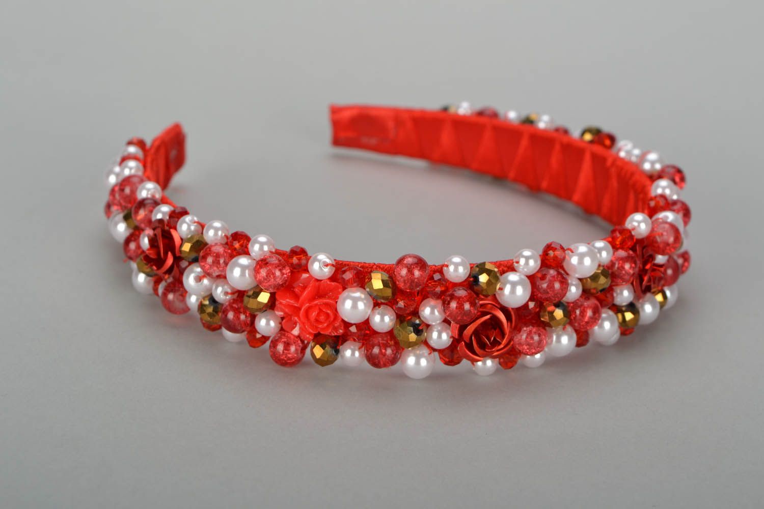 Red and white embroidered headband  photo 5
