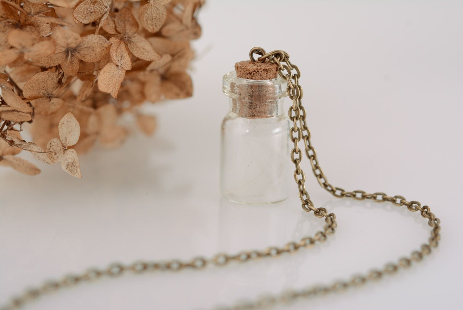 Handmade small glass vial with cork pendant necklace with feather on metal chain photo 1