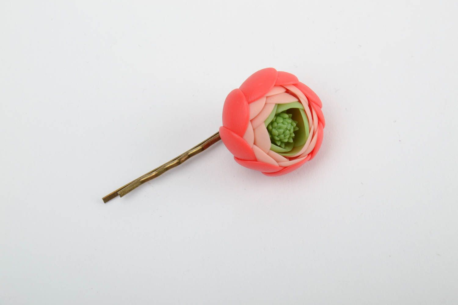 Handmade decorative metal hair pin with cold porcelain pink ranunculus flower photo 3