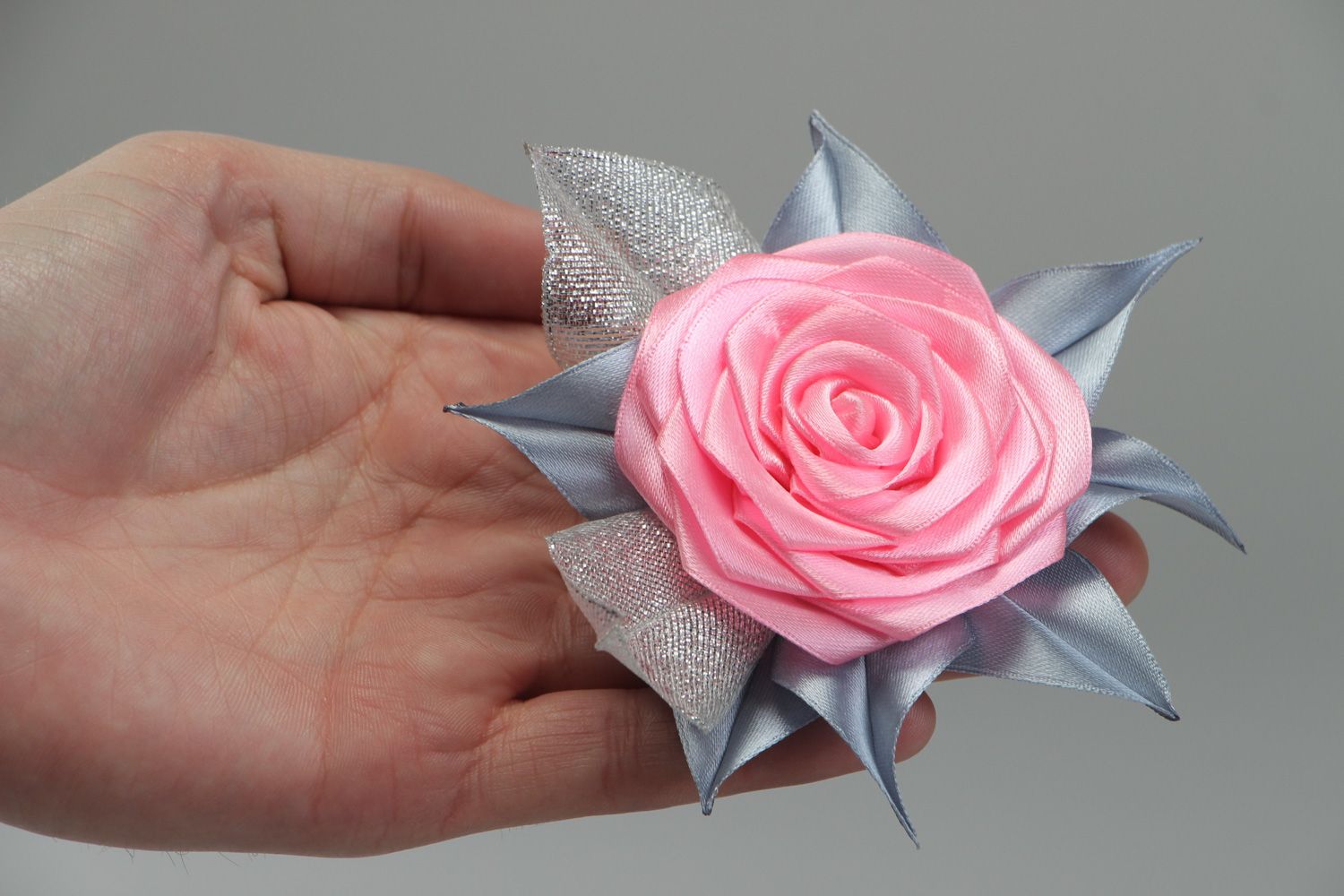Unusual handmade women's kanzashi satin flower hair clip of pink color photo 4