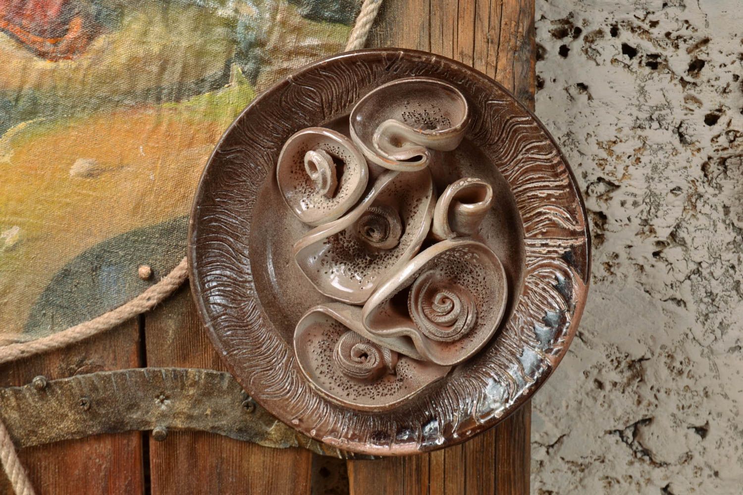 Unusual volume handmade glazed clay wall plate panel for interior decor photo 1
