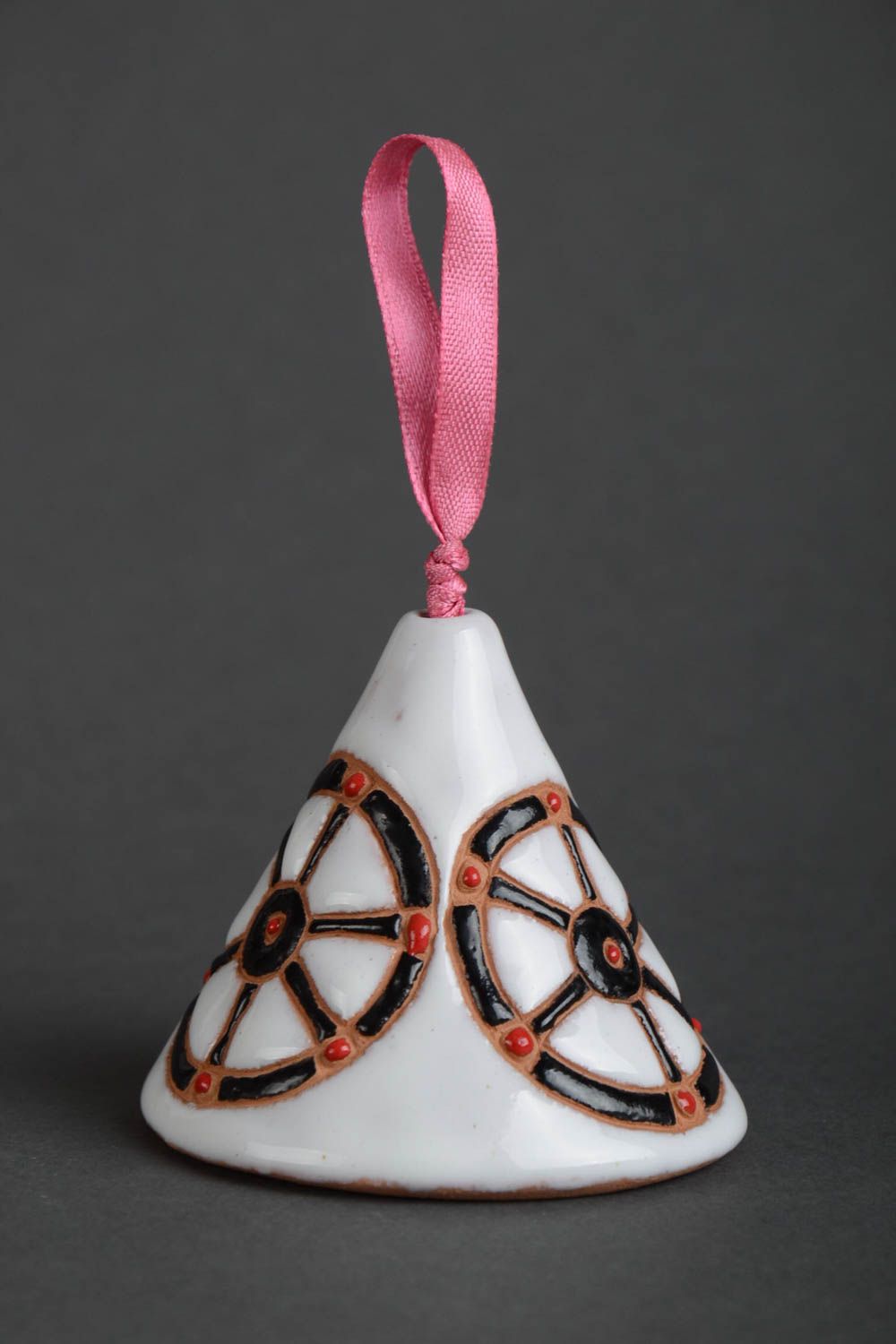 Handmade ceramic white decorative bell painted with enamel and glaze Wheels photo 5