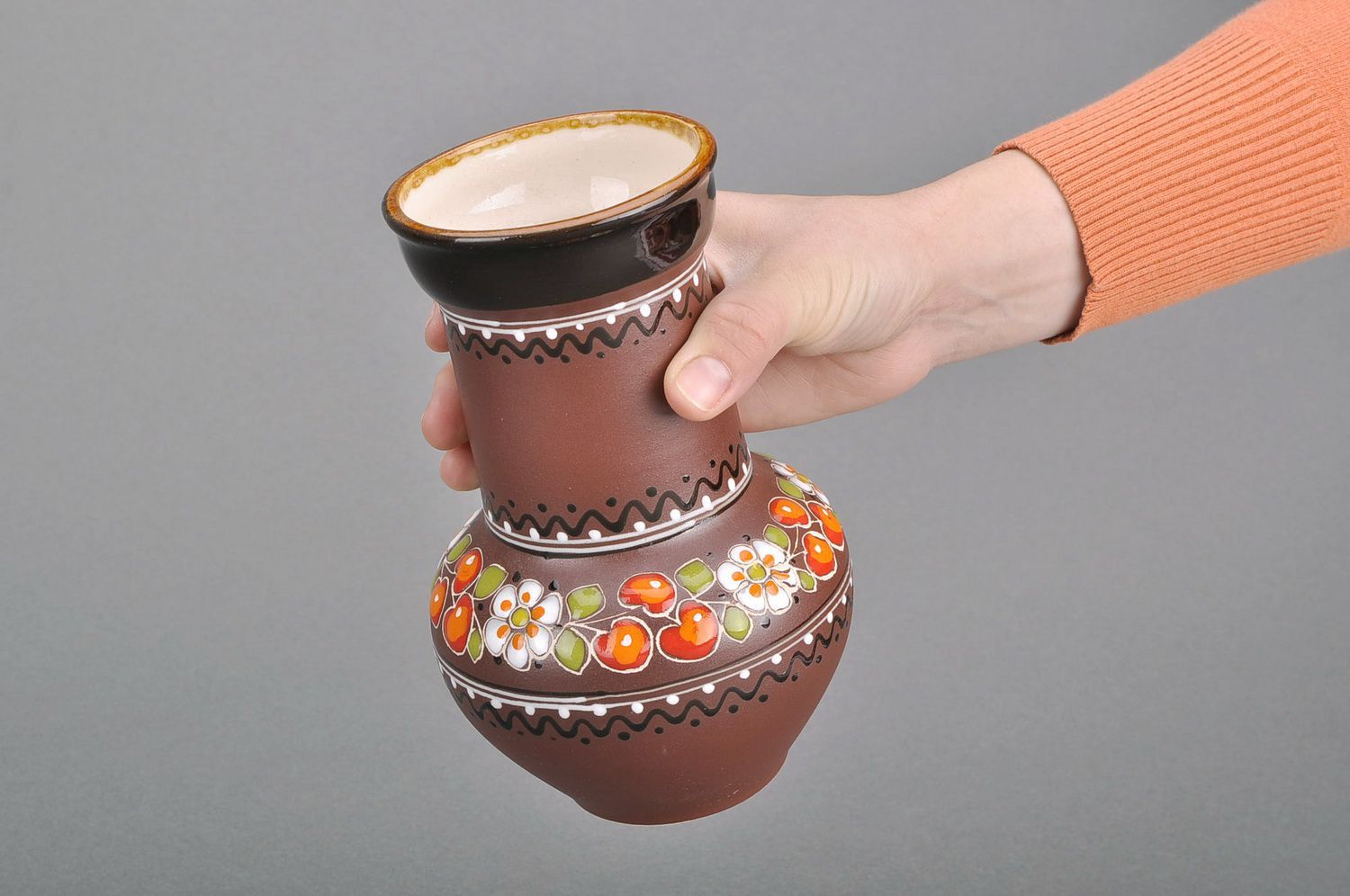 60 oz ceramic milk pitcher jug in brown color with ethnic decoration painting 1,2 lb photo 5