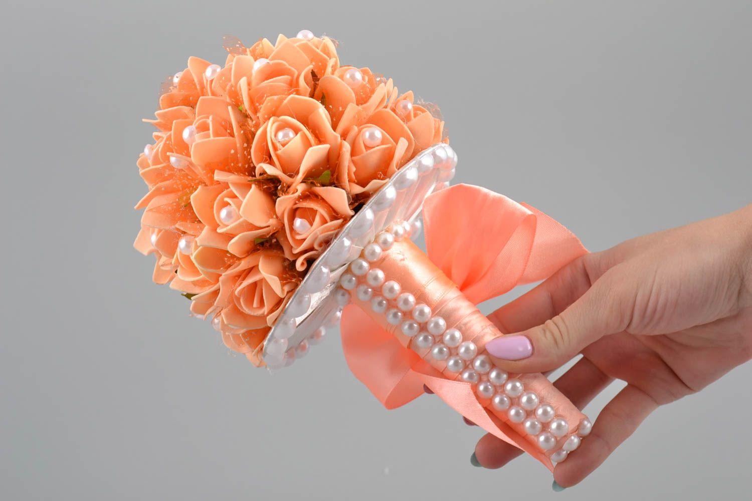 Handmade cute orange wedding bouquet made of foamiran with beads and ribbons photo 5