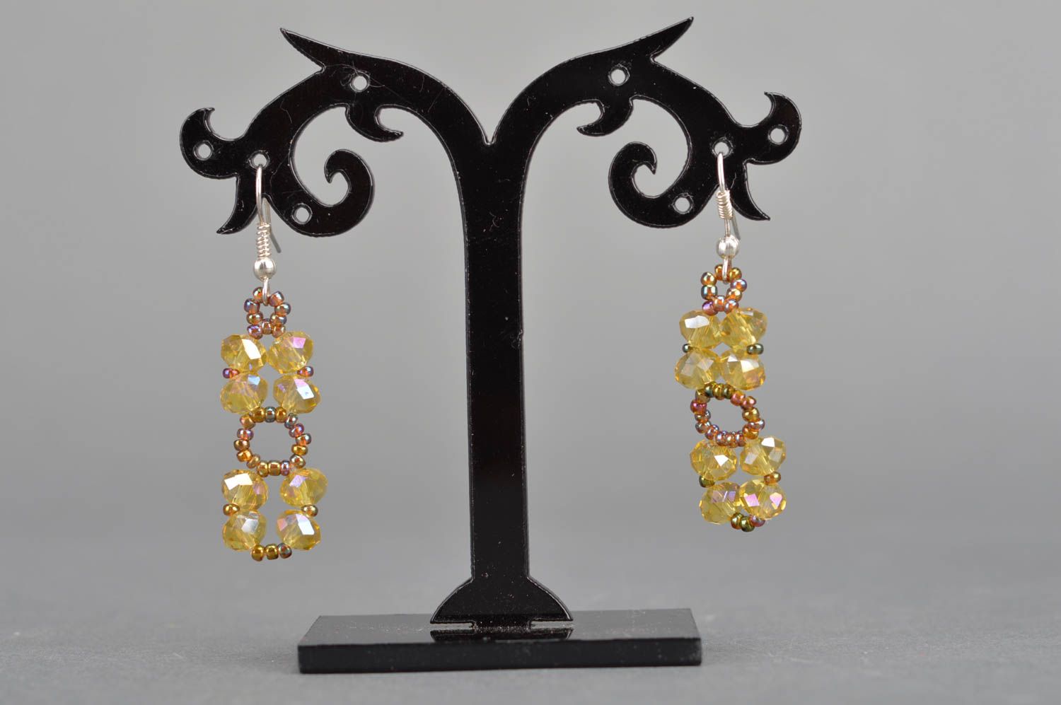 Handmade stylish yellow earrings charms made of Czech crystal and beads photo 1