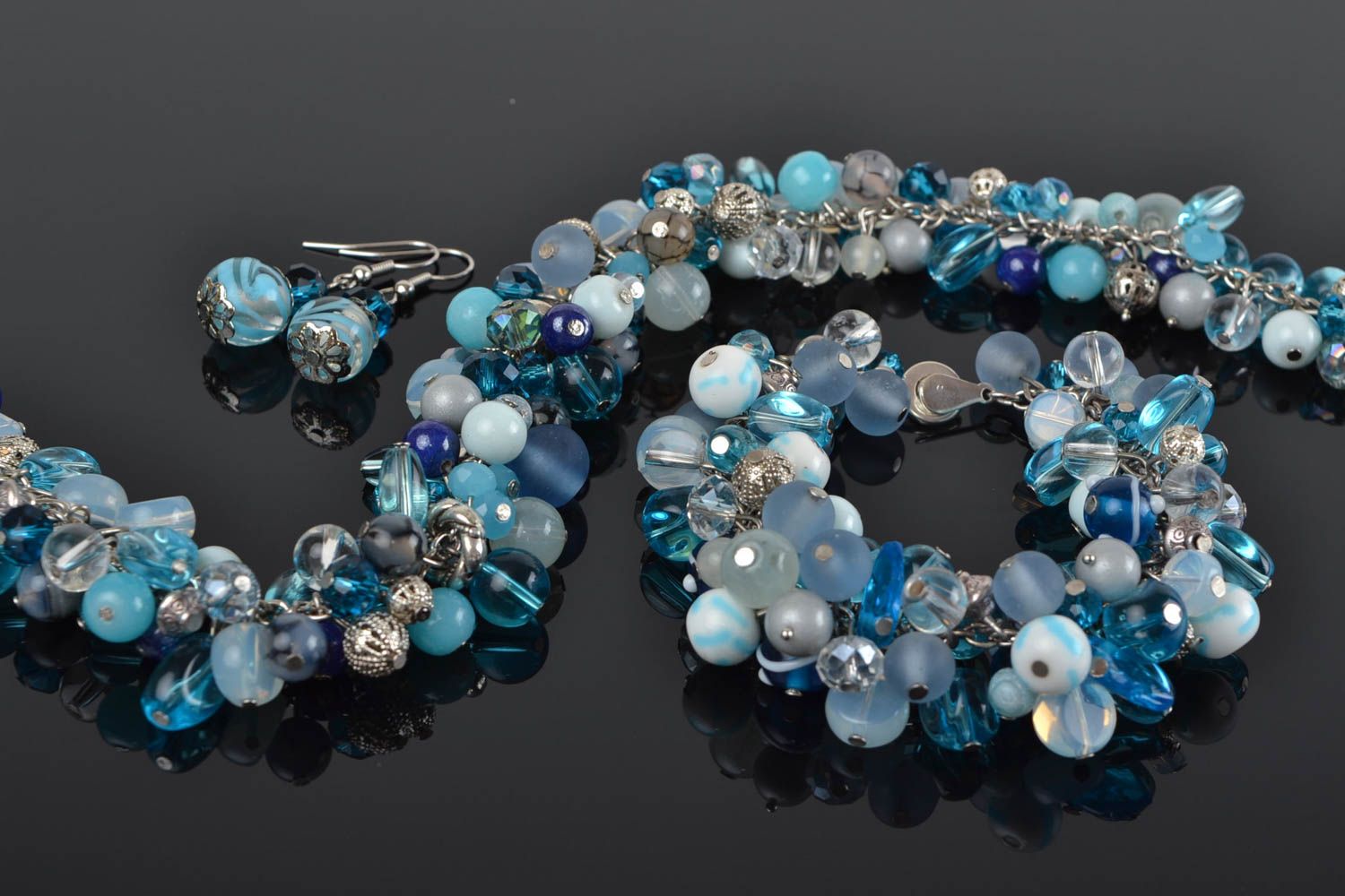 Handmade blue stone and glass bead jewelry set necklace earrings bracelet photo 1