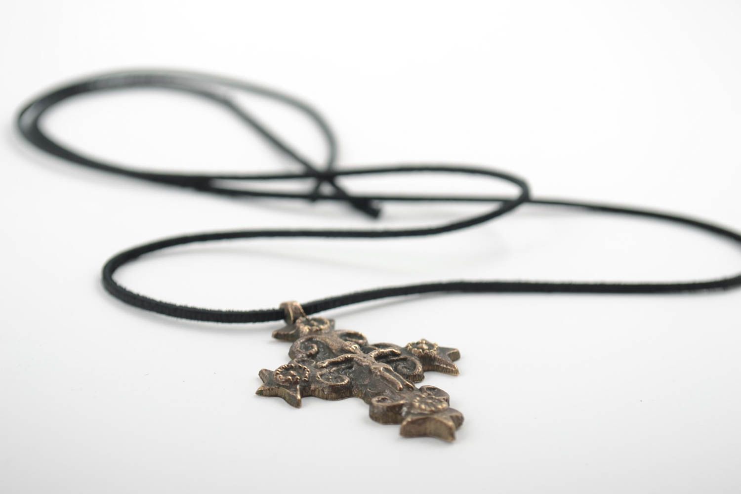Handmade next to skin cross pendant necklace of unusual shape of long black cord photo 5