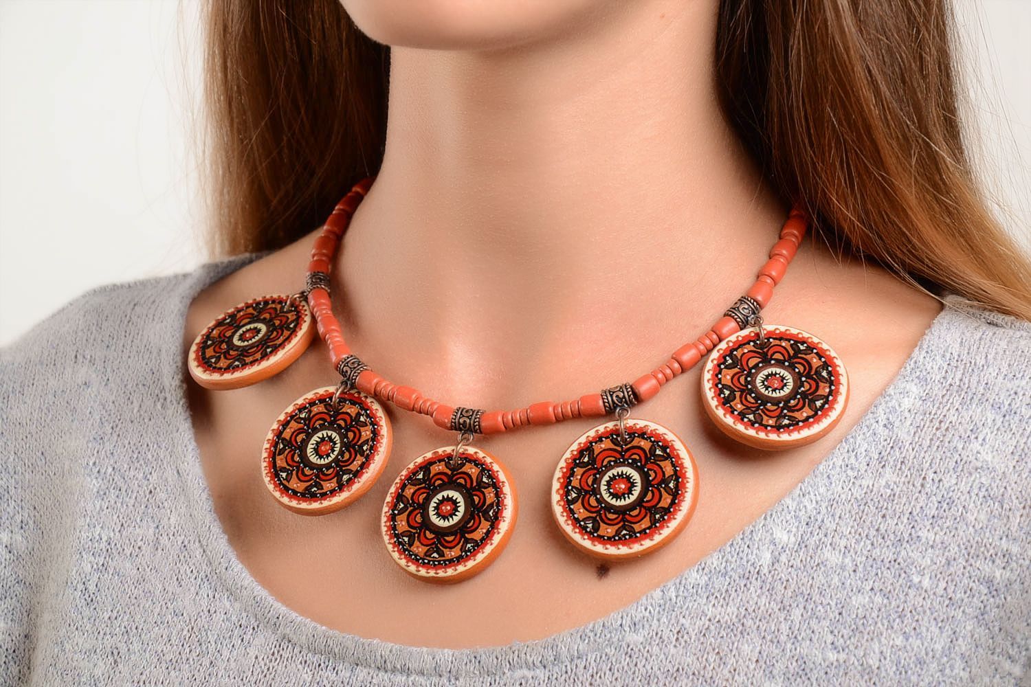 Ethnic jewelry handmade necklace ceramic jewelry bead necklace women accessories photo 1