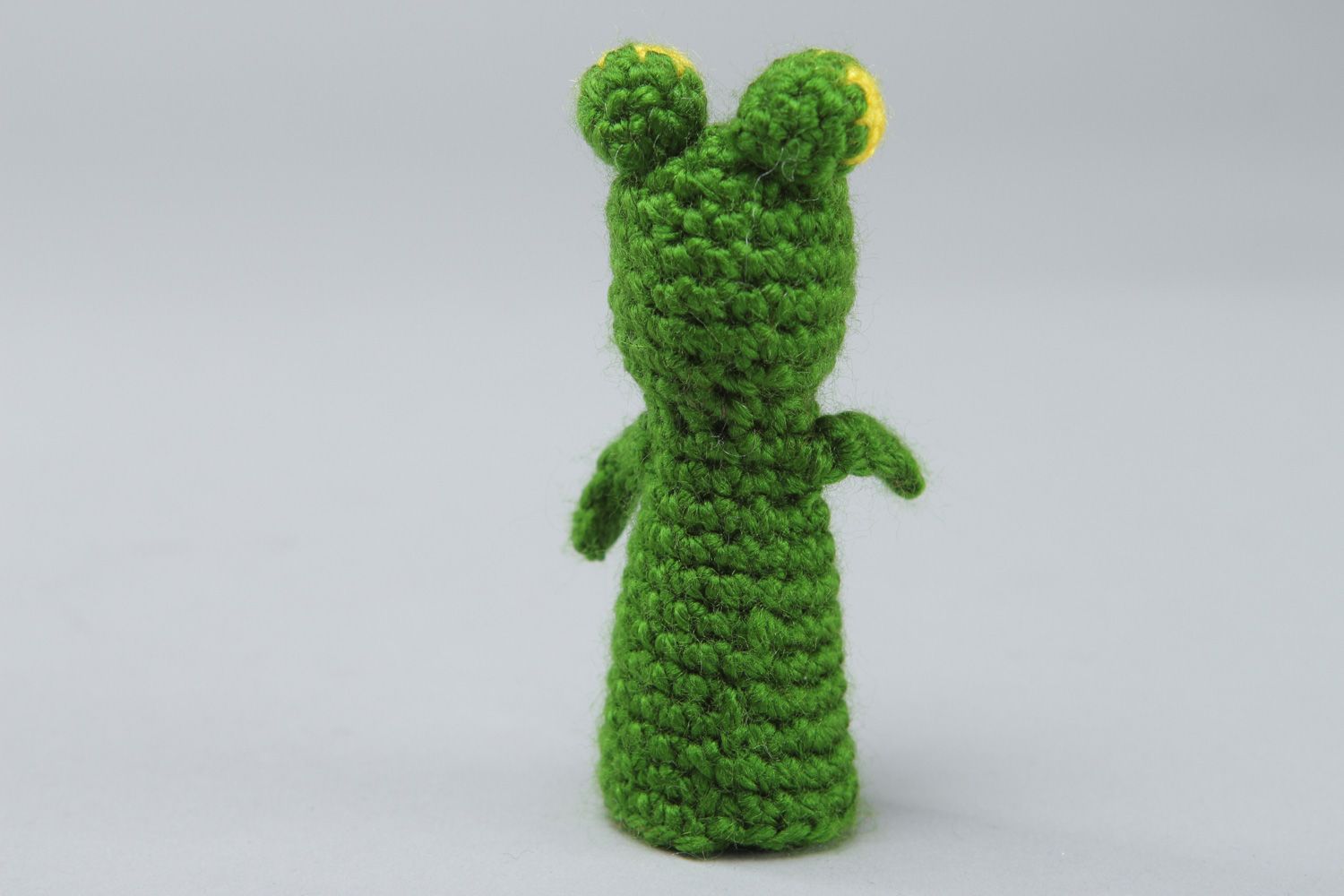 Funny handmade finger puppet crocheted of acrylic threads green frog for children photo 2