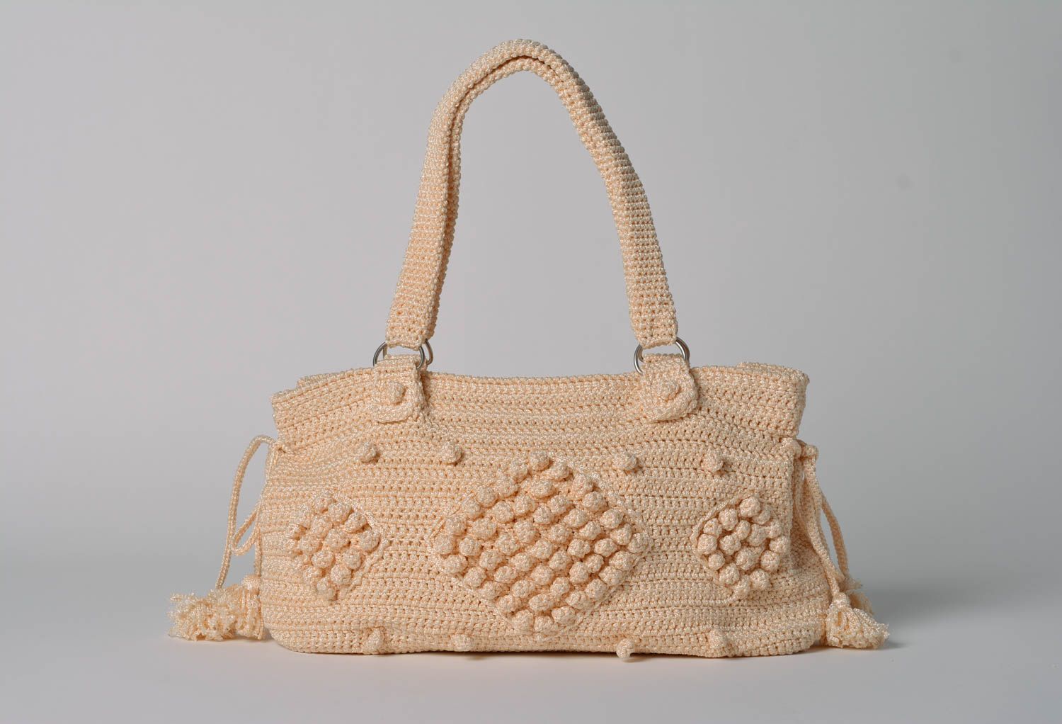 Crocheted female handbag of beige color with two handles summer stylish purse photo 1