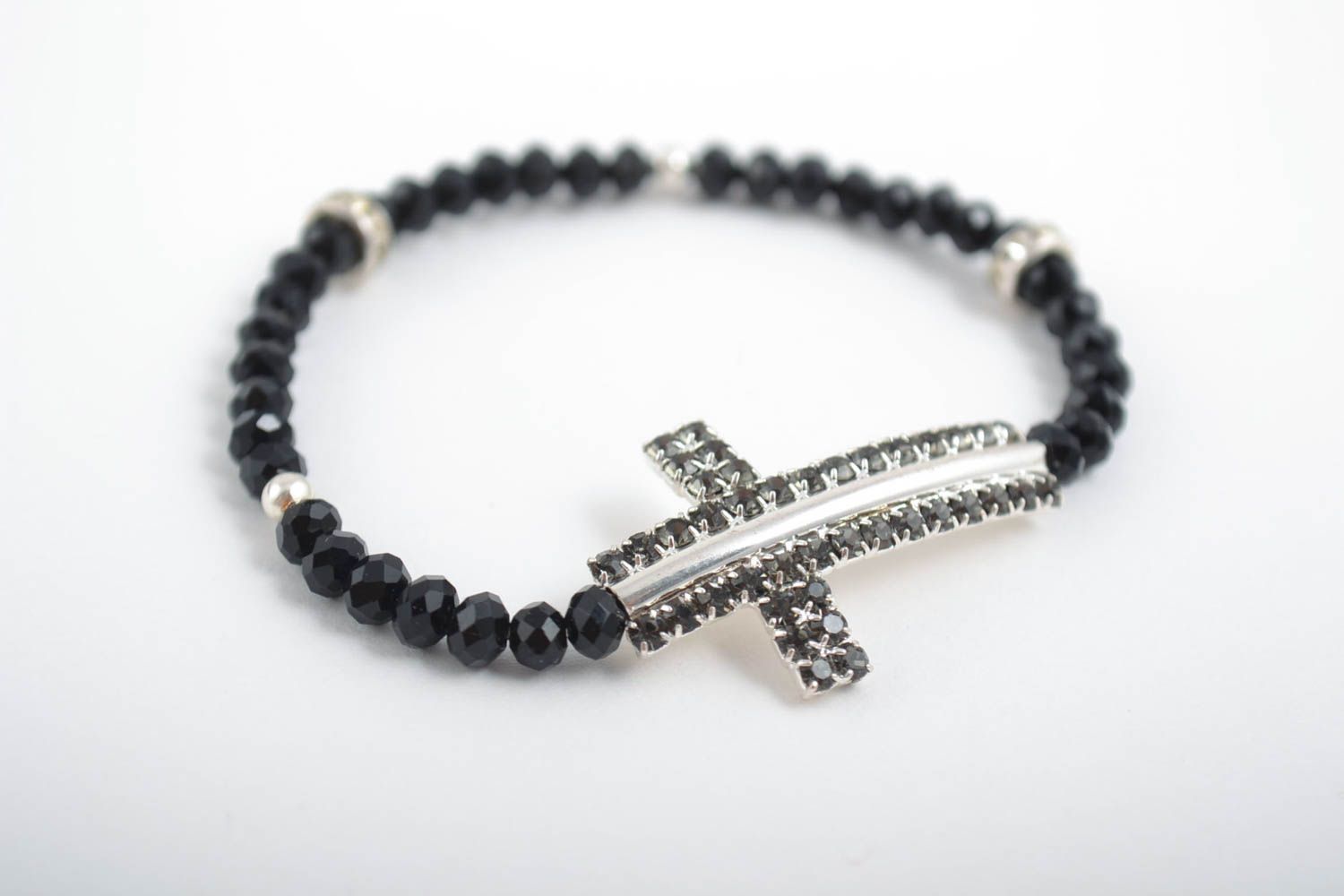 Bracelet noir Bijou fait main Accessoire femme croix élastique perles cristal photo 4