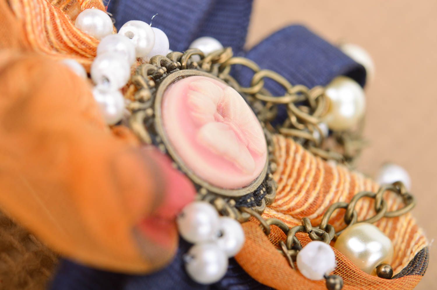 Textile satin ribbon handmade brooch with beads beautiful stylish accessory photo 5
