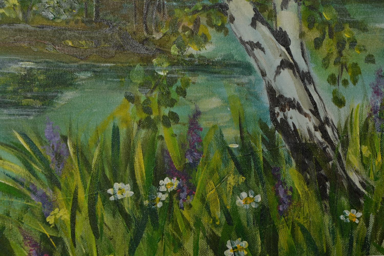 Acrylic painting on chiffon canvas Birch near the Lake photo 4