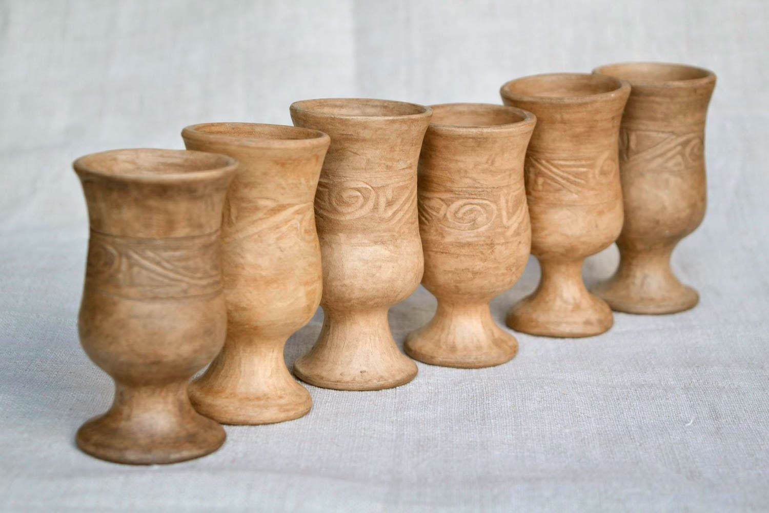 Set of 6 six wine drinking 2,5 oz goblets in Roman style and pattern made of white clay photo 3