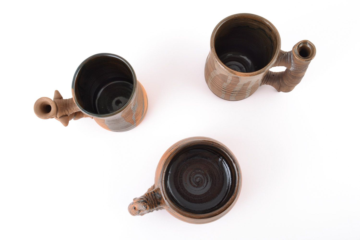 Set of three clay handmade brown drinking cups in different design and shape with handle, 8 oz. 10 oz, 12 oz photo 3