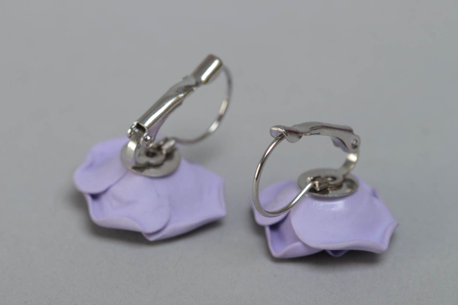 Handmade stylish dangle earrings with tender violet polymer clay rose flowers photo 4