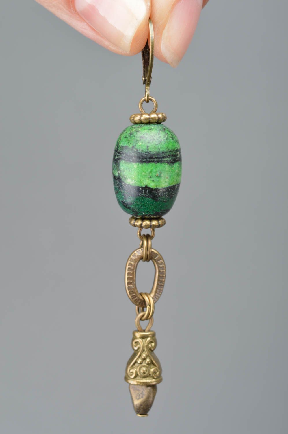 Massive designer stylish cute handmade metal earrings with big green beads photo 3