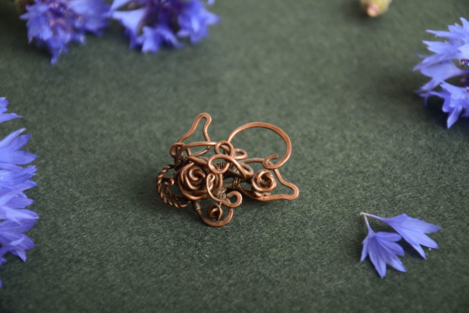 Beautiful unusual interesing stylish tender handmade wire wrapped copper brooch photo 1