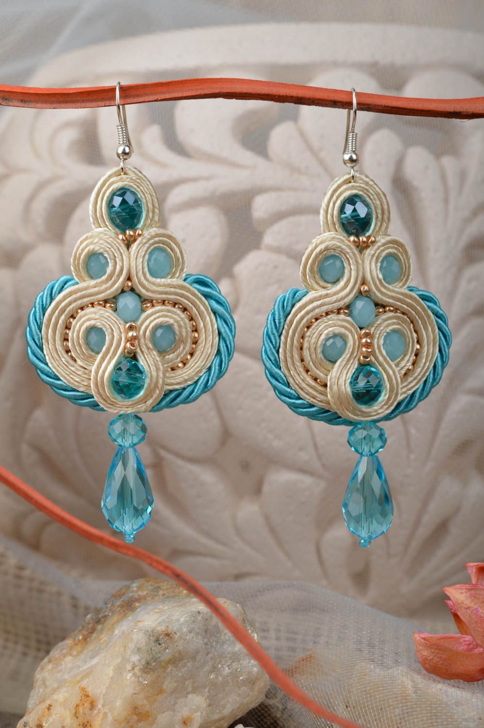 Beautiful blue and beige handmade designer soutache earrings with beads photo 1