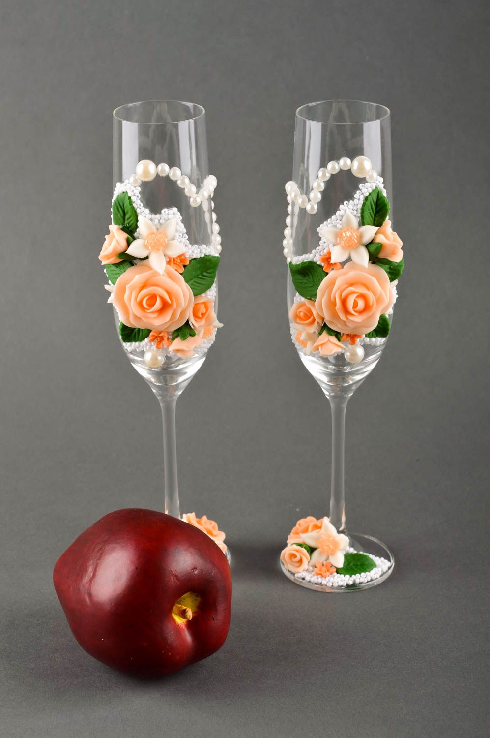 Flûtes à champagne fait main 2 Verres à vin avec fleurs Service vaisselle photo 1