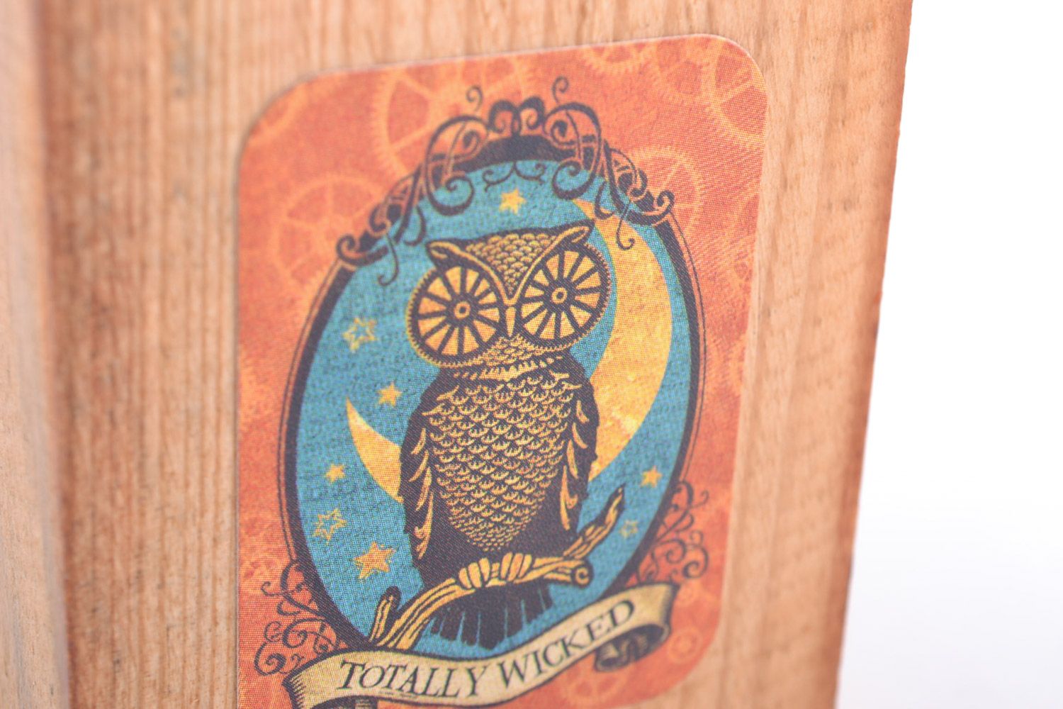 Handmade wooden candlestick for tablet candle with picture of owl photo 3