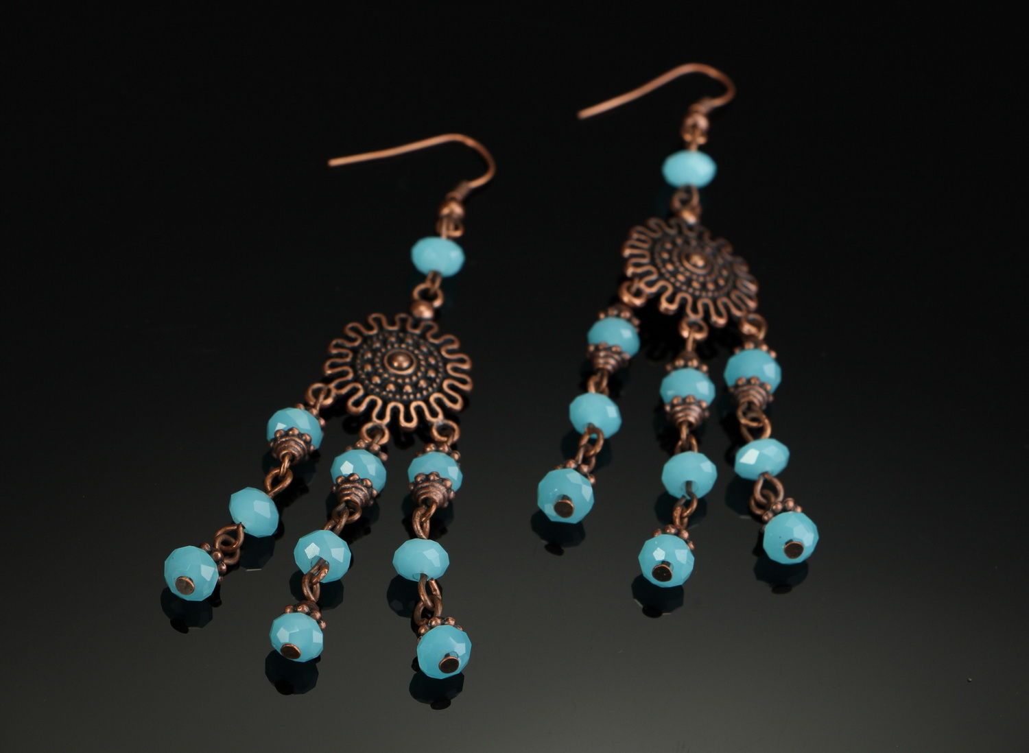Copper long earrings with crystal photo 3