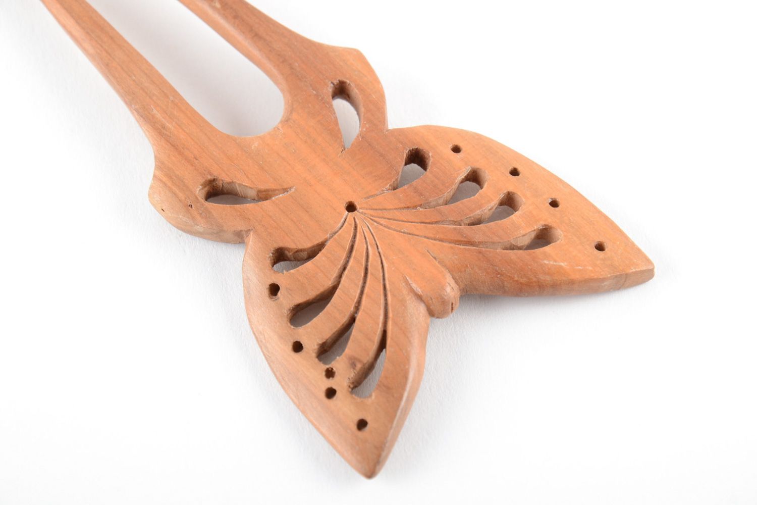 Handmade light hair pin carved of wood in the shape of butterfly and varnished photo 3