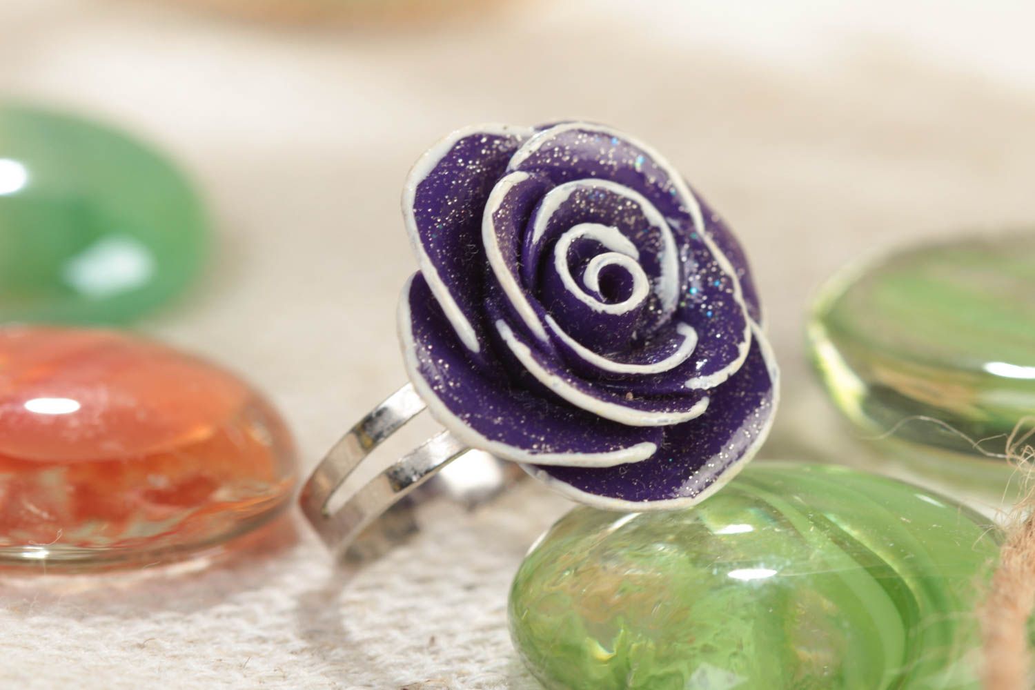 Handmade designer jewelry ring on metal basis with polymer clay violet flower photo 1