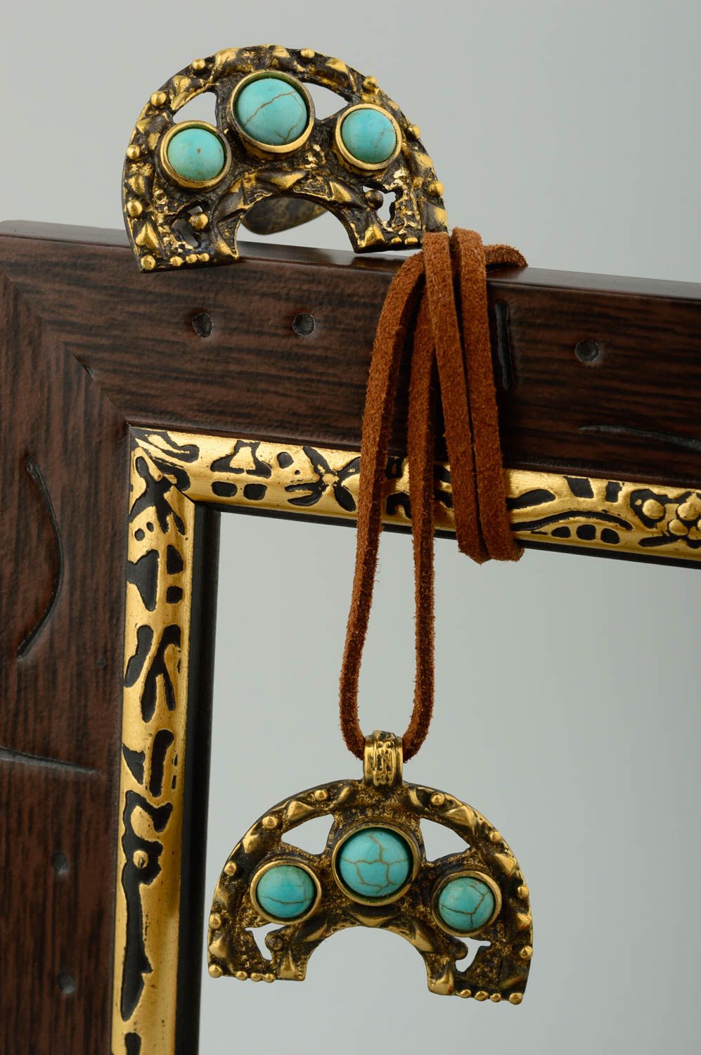 Parure de Bijoux en bronze fait main avec turquoise pressée Bague pendentif photo 1