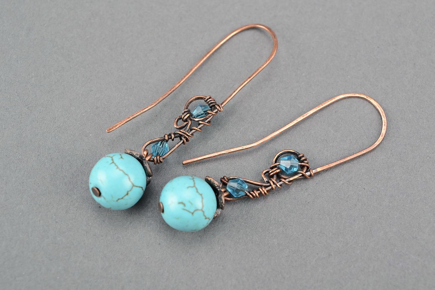 Copper earrings with turquoise, wire wrap photo 4