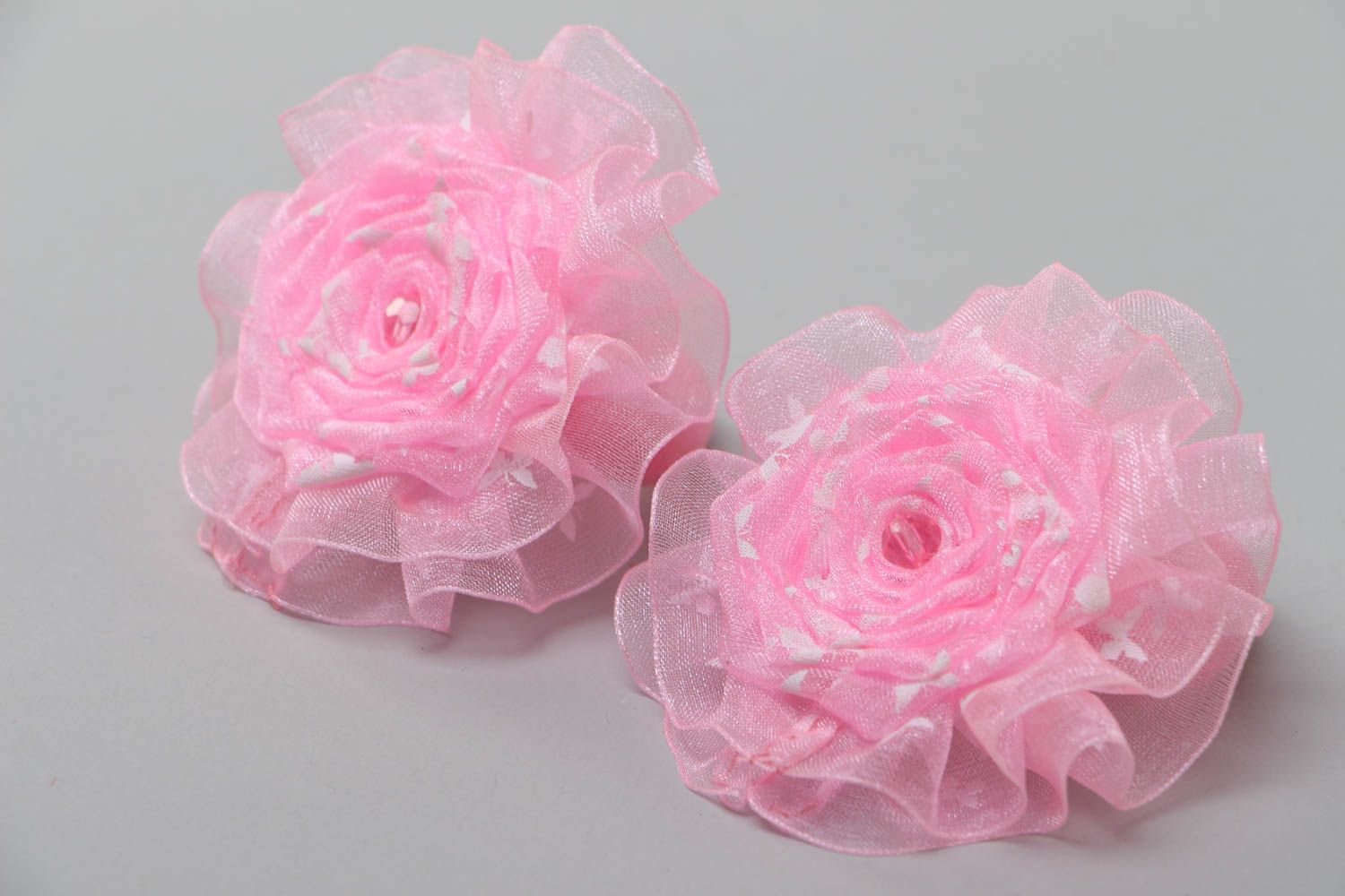 Set of handmade scrunchies with satin ribbons and organza flowers 2 pieces pink  photo 2