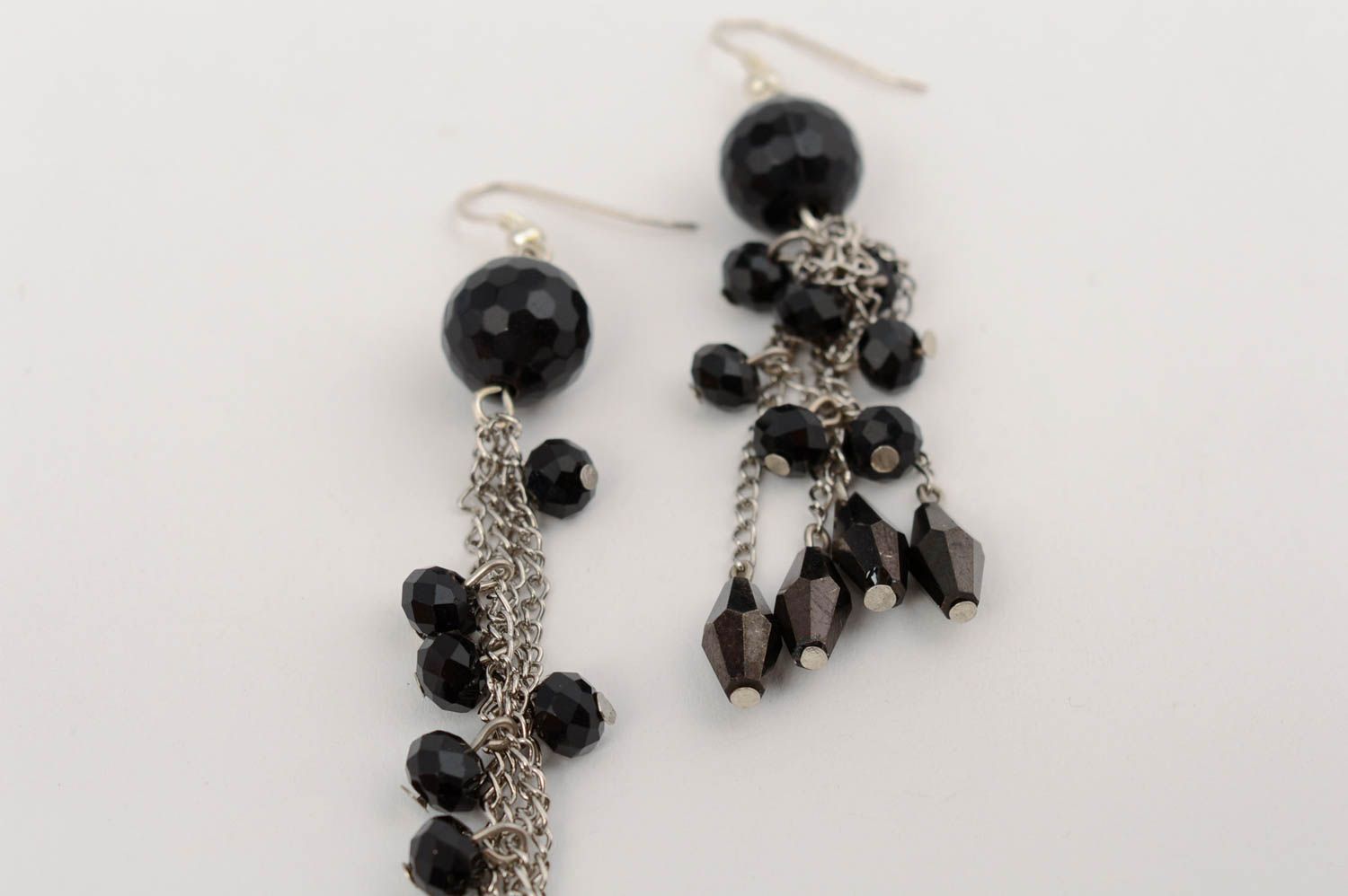 Handmade long dangle earrings with metal chains and black Czech crystal beads photo 4