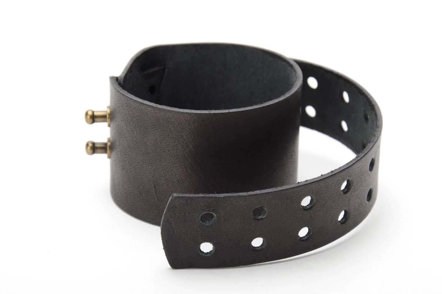 Unisex handmade black genuine leather wide bracelet photo 6