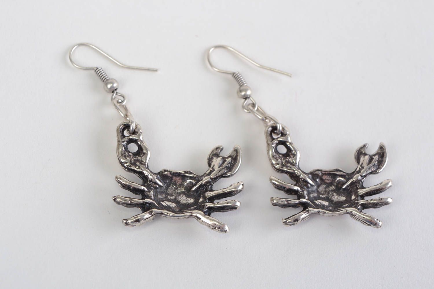 Small stylish handmade designer metal earrings in the shape of crabs photo 5