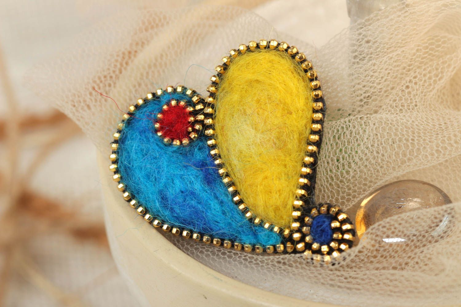 Yellow and blue handmade felted wool brooch in the shape of heart photo 1